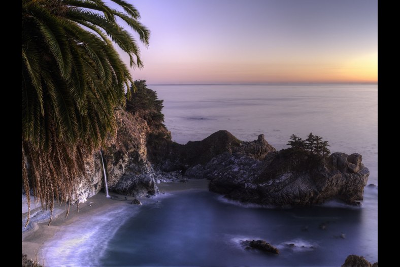 Pacific Falls and McKay Cove at sunset, Big Sur